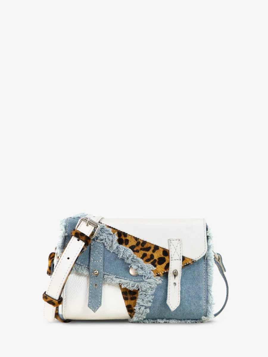 MINI SAC BANDOULIÈRE CUIR BLANC ET LÉOPARD FEMME LeMini Indispensable Chimère - Denim / Blanc