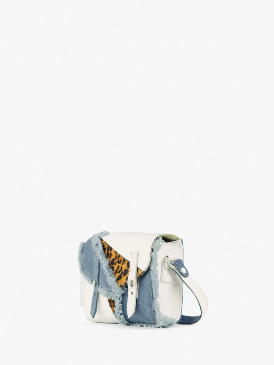 MINI SAC BANDOULIÈRE CUIR BLANC ET LÉOPARD FEMME LeMini Indispensable Chimère - Denim / Blanc