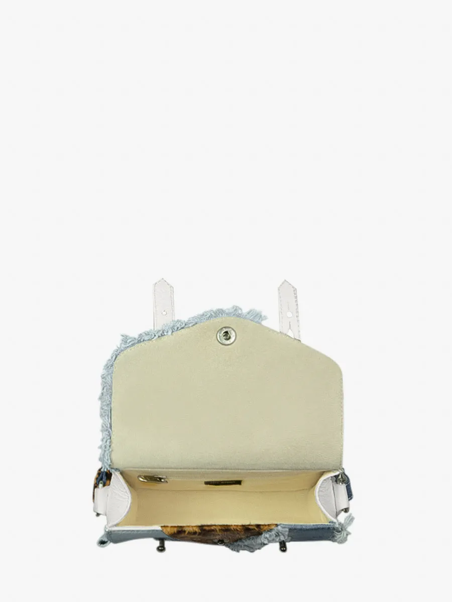 MINI SAC BANDOULIÈRE CUIR BLANC ET LÉOPARD FEMME LeMini Indispensable Chimère - Denim / Blanc