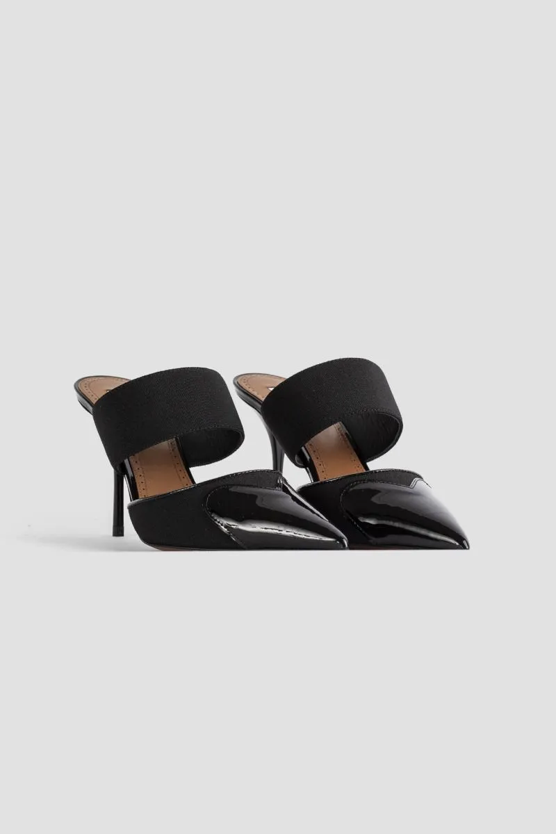 Black patent leather heart mules