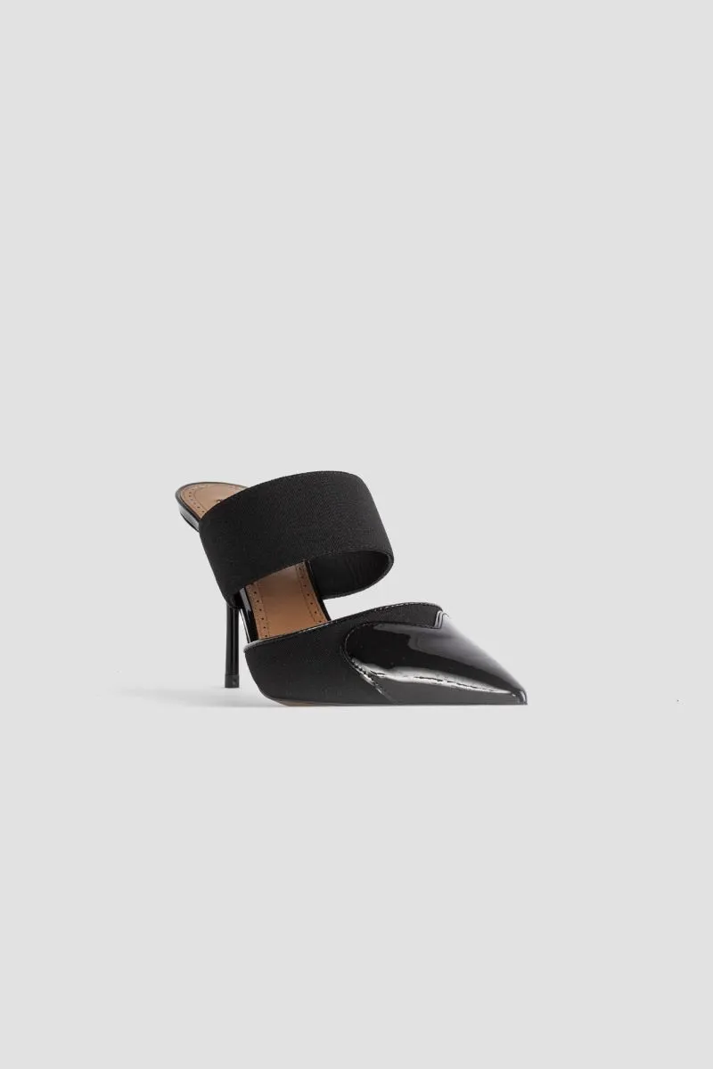 Black patent leather heart mules