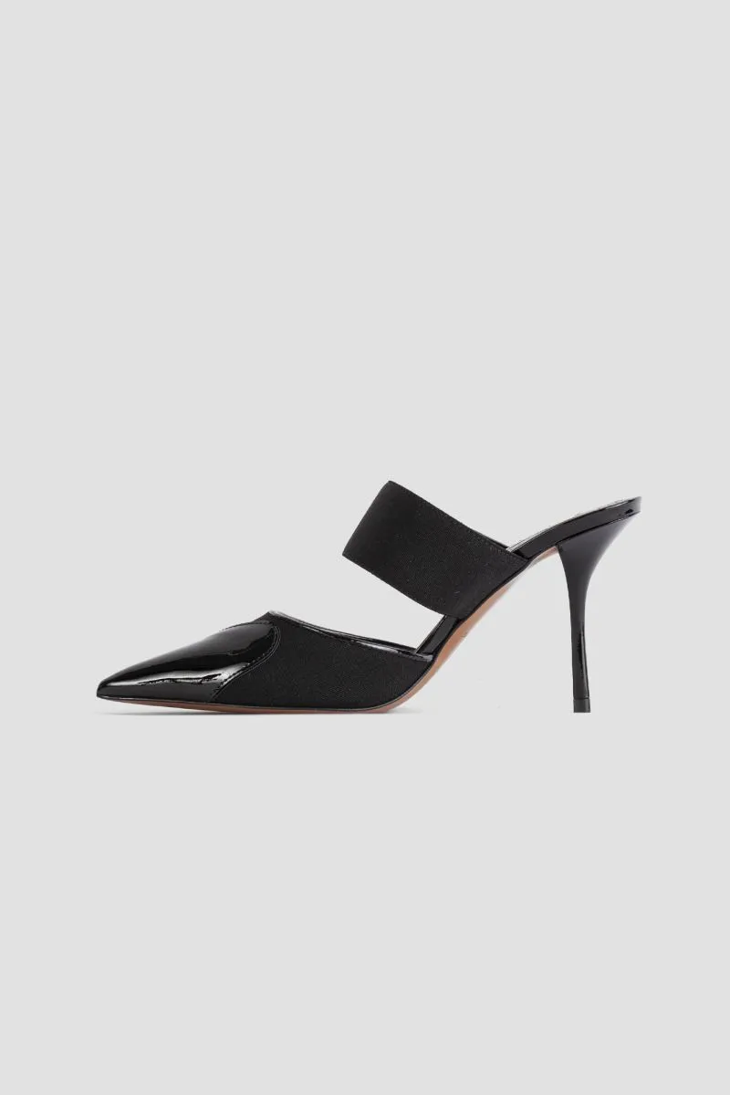 Black patent leather heart mules