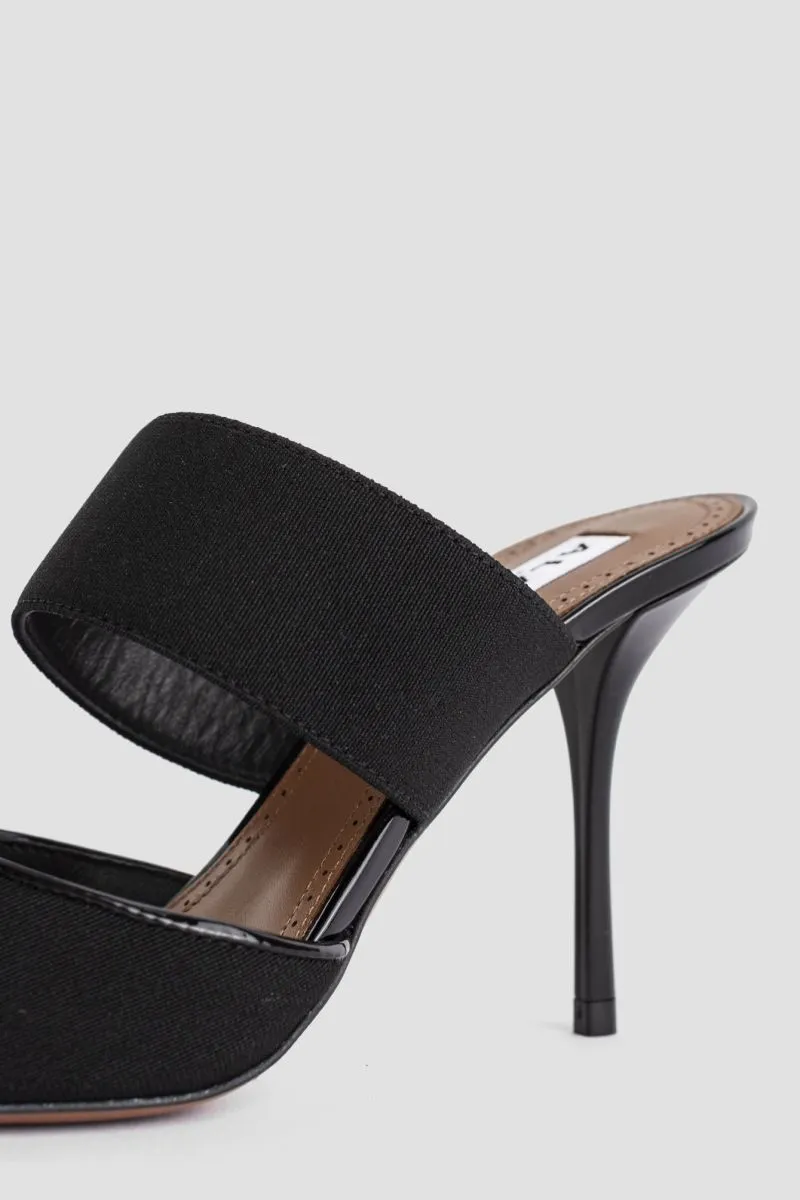 Black patent leather heart mules