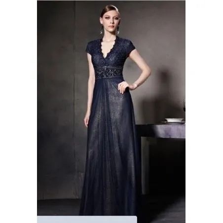 Navy blue lace evening gown with cuffs