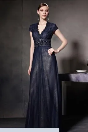 Navy blue lace evening gown with cuffs