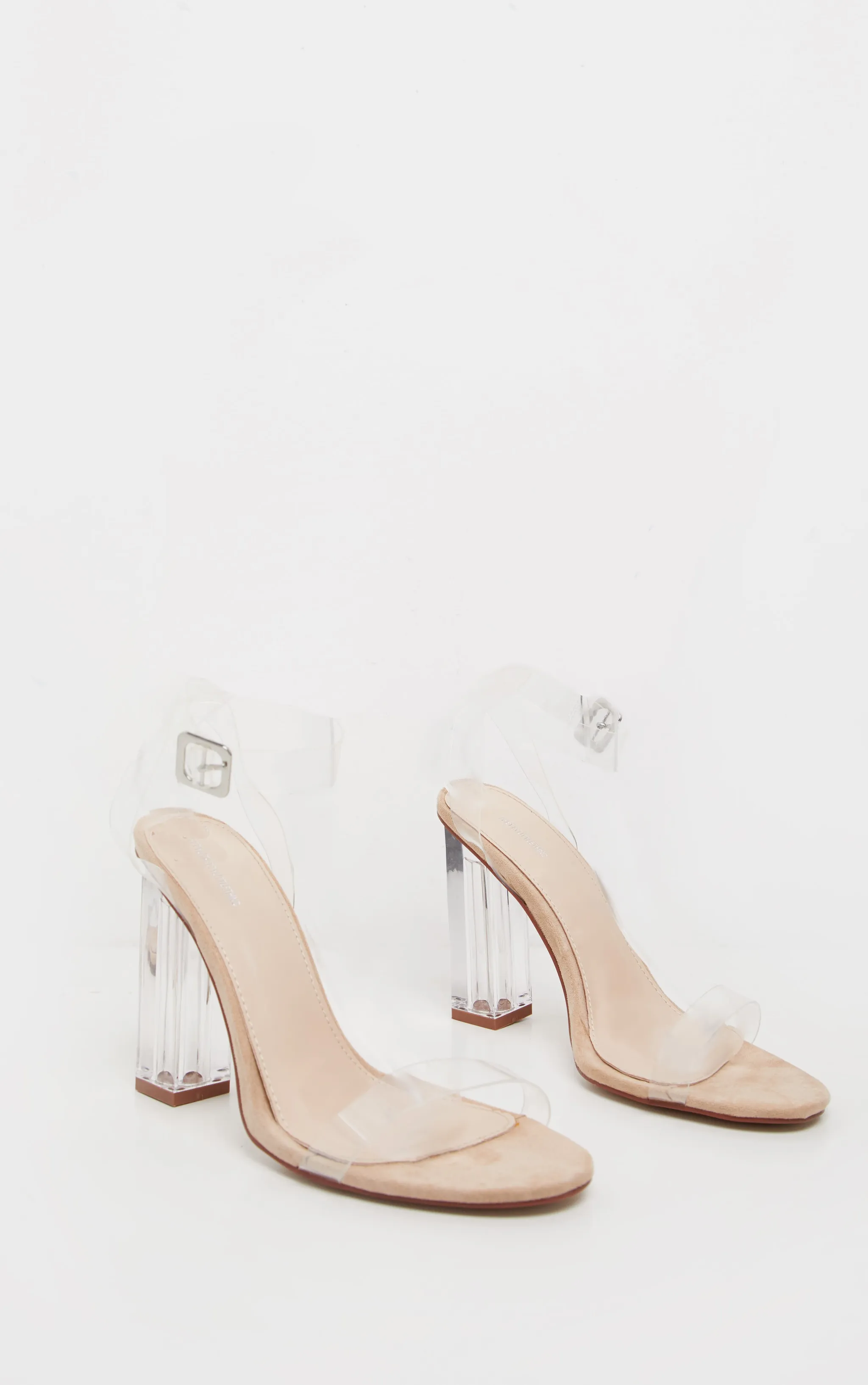 Nude block heel sandals with wide fit and clear transparent heels