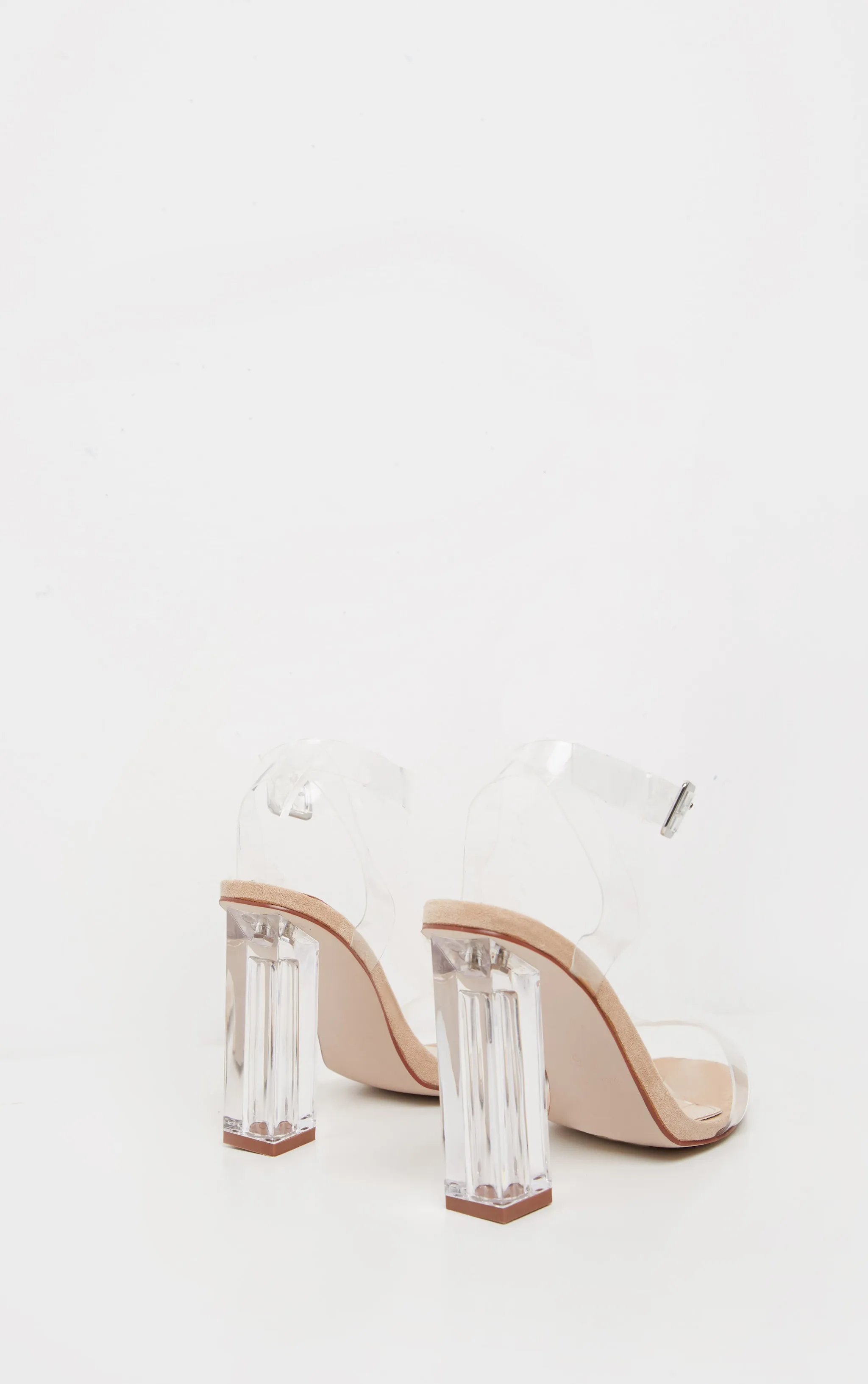 Nude block heel sandals with wide fit and clear transparent heels