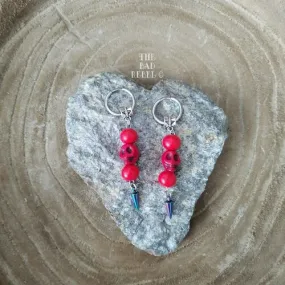 Unique Hoop Earrings !! Skull Point !! Red Howlite and Silver Pearls Long Size 7cm x 1.5cm The Bad Rebel Collection