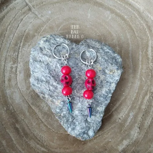 Unique Hoop Earrings !! Skull Point !! Red Howlite and Silver Pearls Long Size 7cm x 1.5cm The Bad Rebel Collection