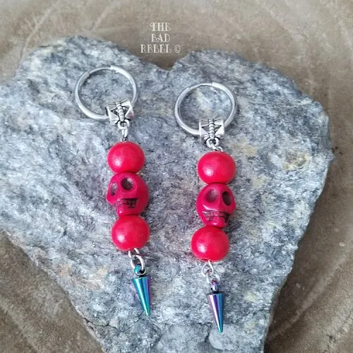 Unique Hoop Earrings !! Skull Point !! Red Howlite and Silver Pearls Long Size 7cm x 1.5cm The Bad Rebel Collection