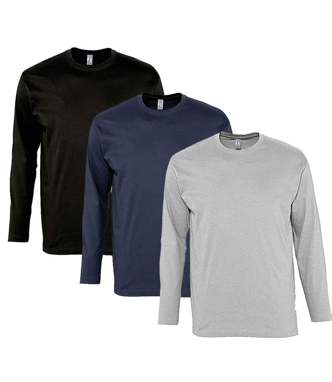 Pack de 3 T-shirts homme manches longues noir, gris et bleu marine