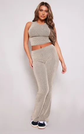 Taupe Bicolor Ribbed Yoga Pants with Folded Hem