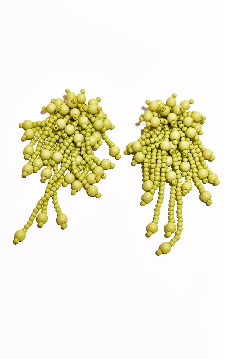 Pastel Green Oversized Earrings with Beaded Fringes