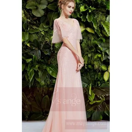 Pink evening dress with flounce sleeve