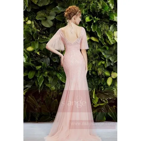 Pink evening dress with flounce sleeve