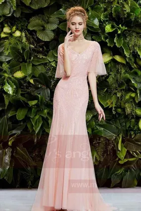 Pink evening dress with flounce sleeve