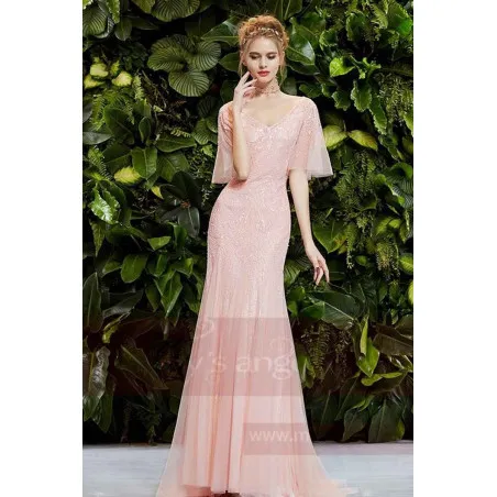 Pink evening dress with flounce sleeve