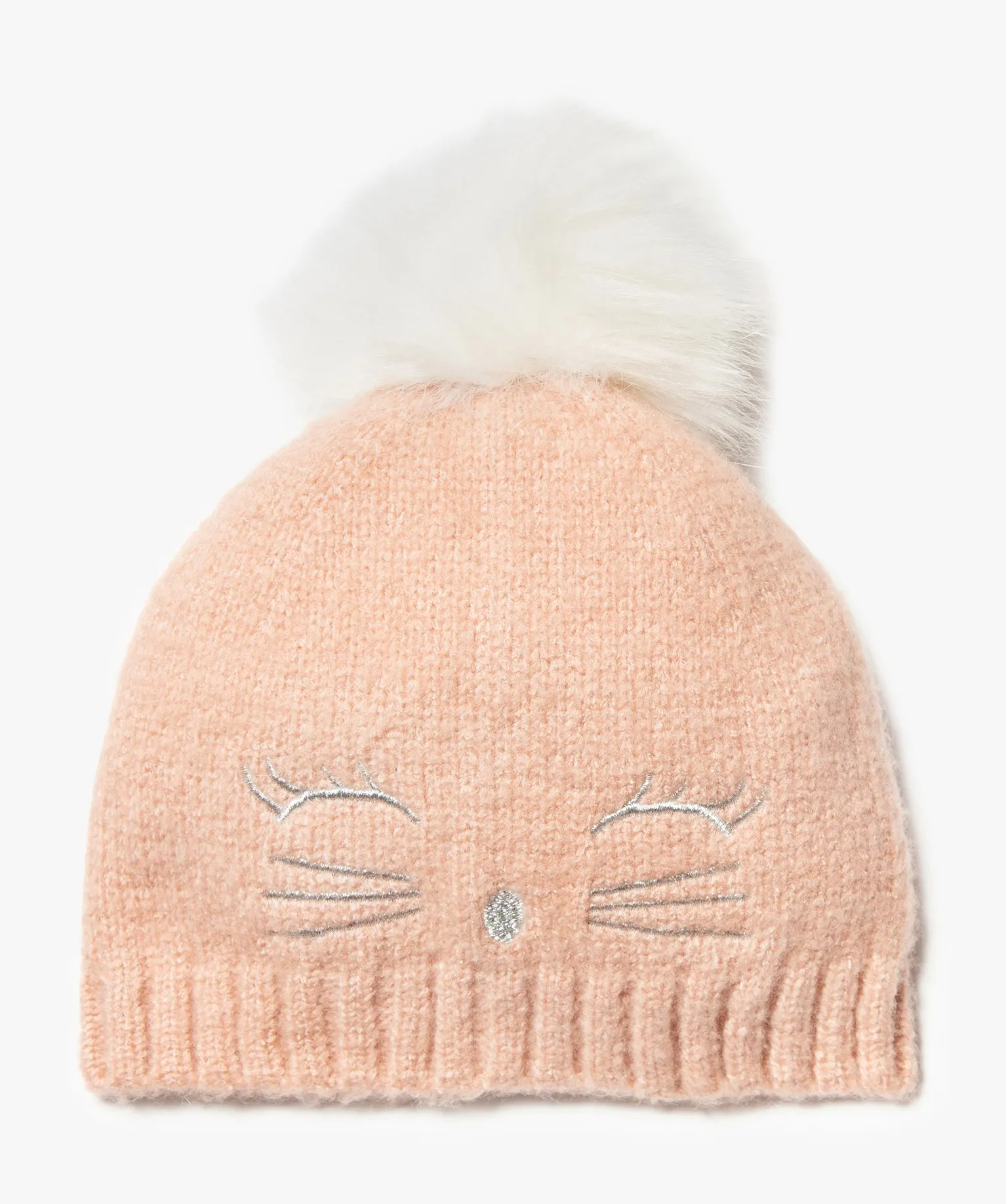 Pink hat with pom-pom and cat embroidery scarves, shawls, and gloves