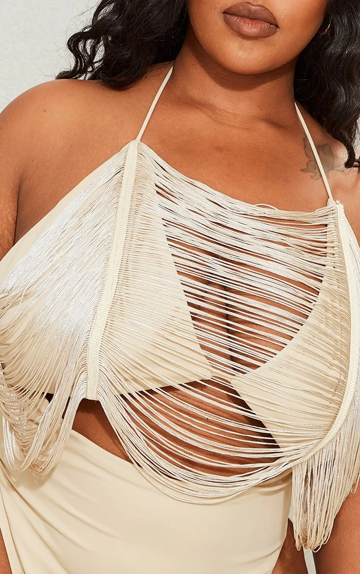 Gray stone cut-out fringed swimwear.