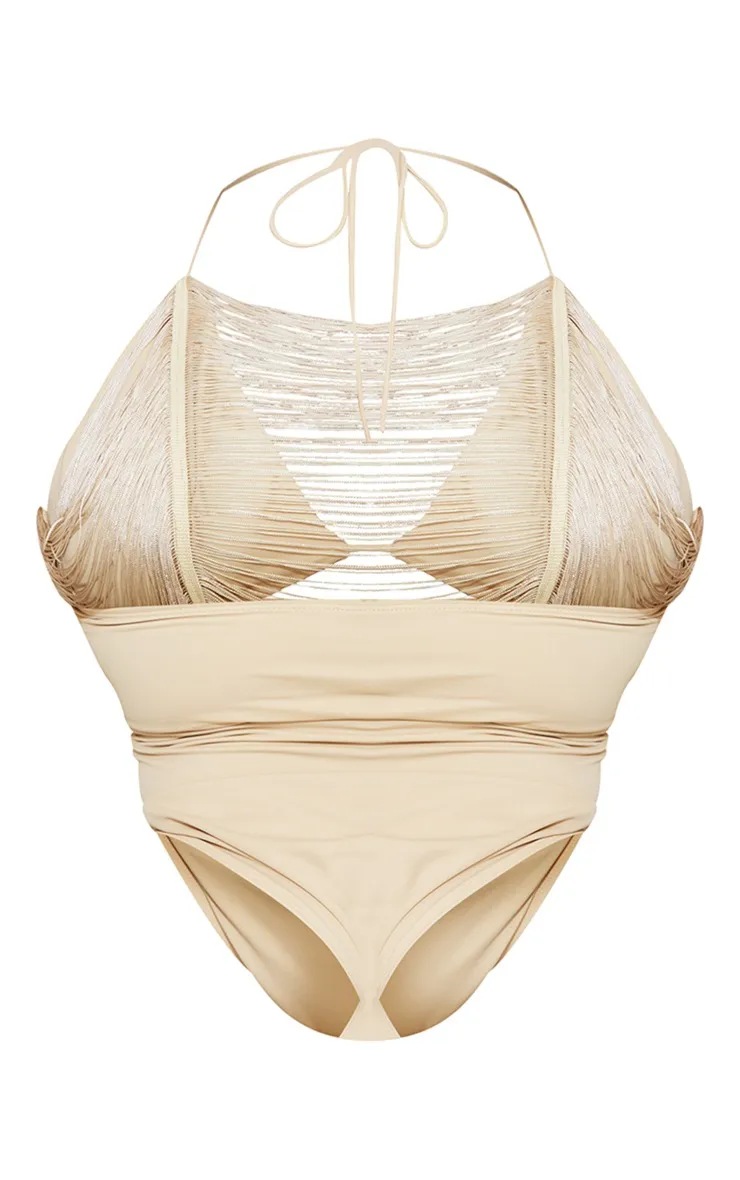 Gray stone cut-out fringed swimwear.