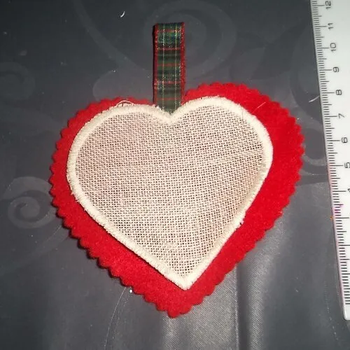 Red Felt Heart Ornament with New Linen Embroidery Tag