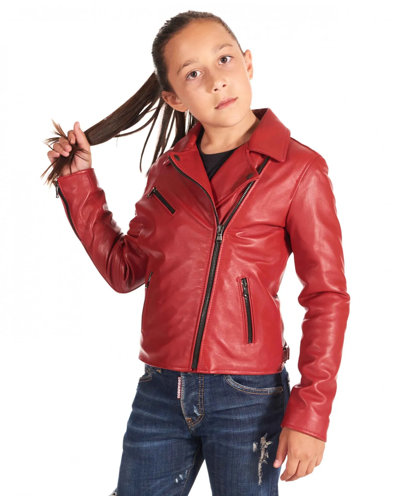 Red leather motorcycle jacket for kids in unisex soft lambskin leather