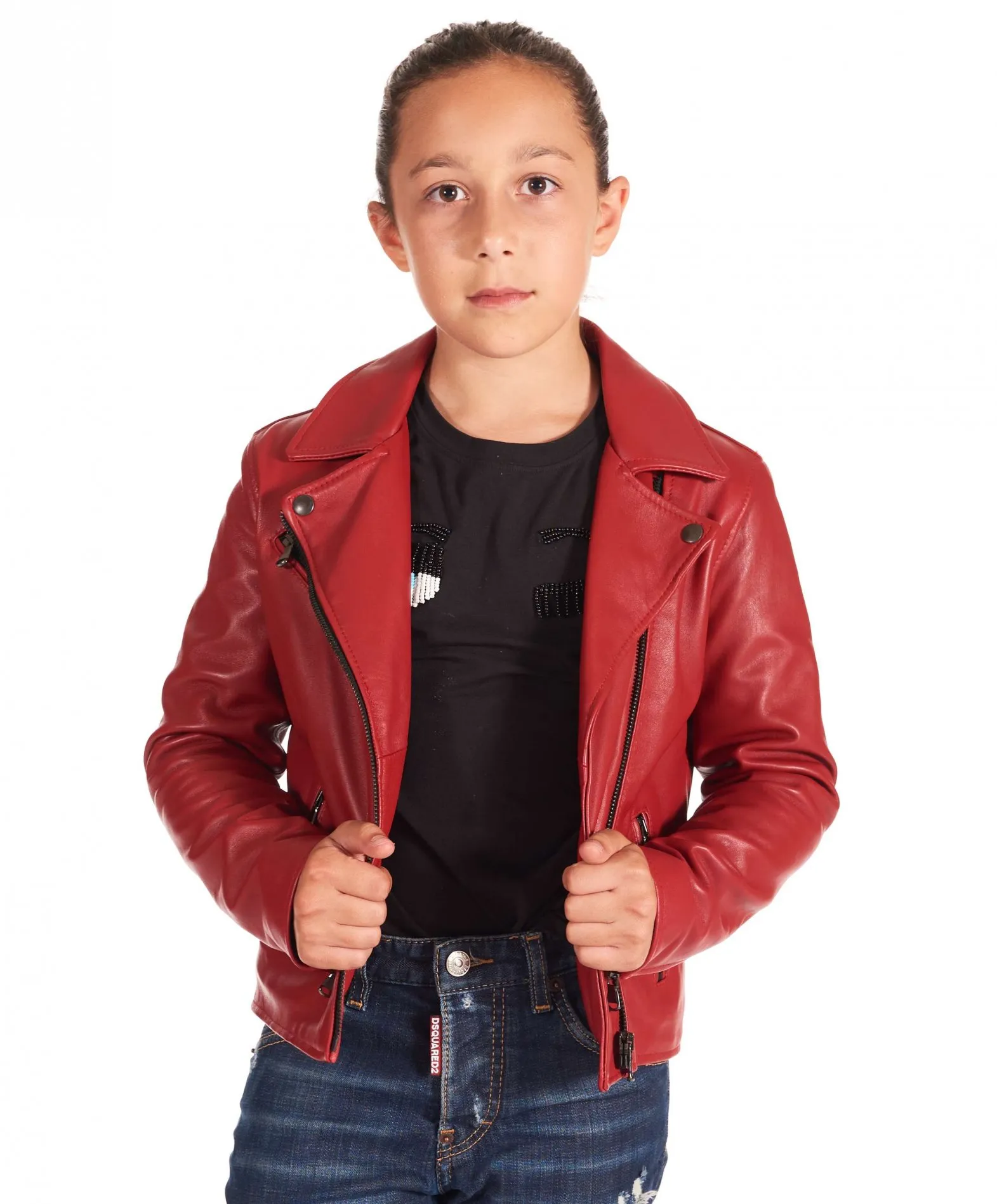 Red leather motorcycle jacket for kids in unisex soft lambskin leather