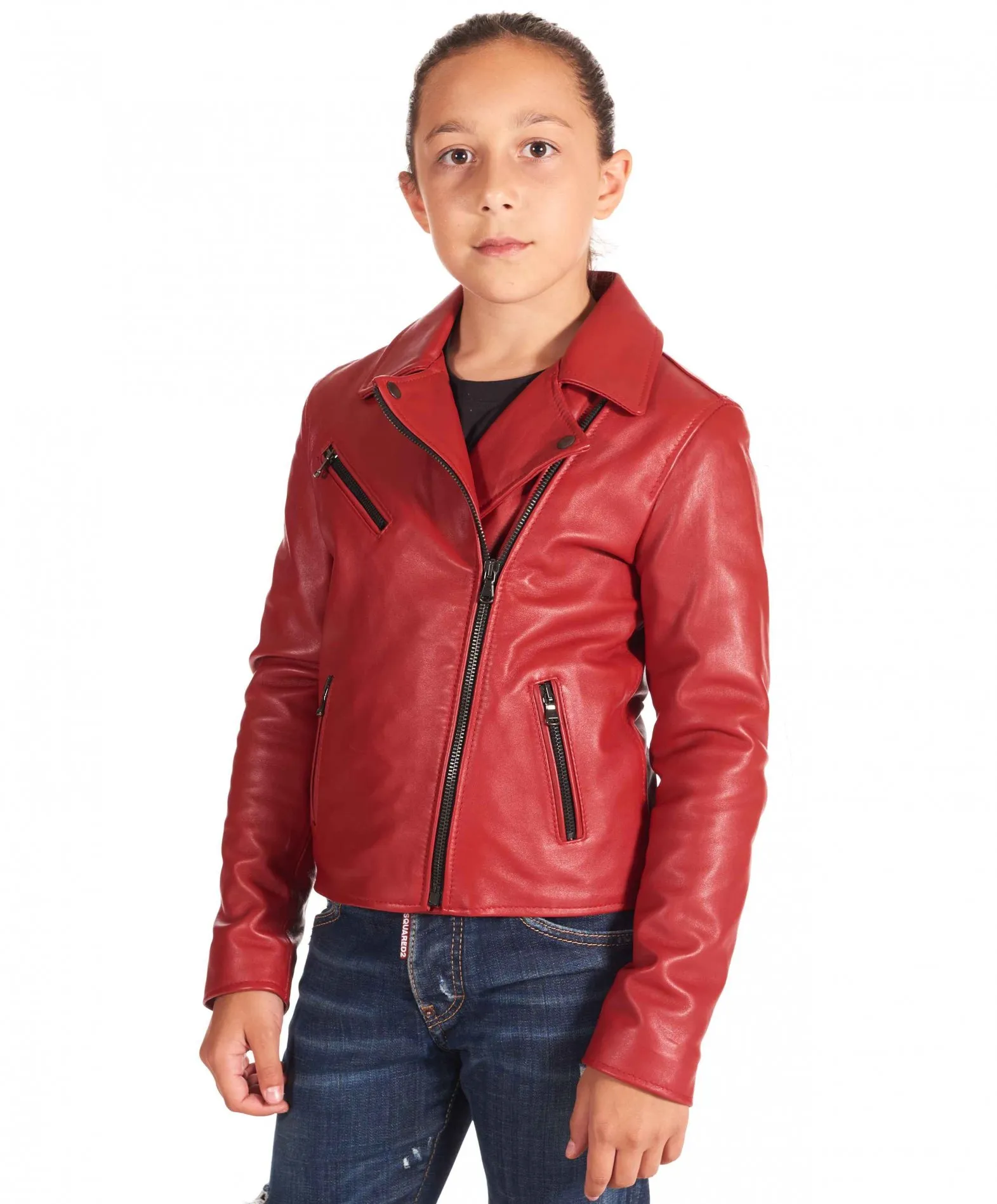 Red leather motorcycle jacket for kids in unisex soft lambskin leather