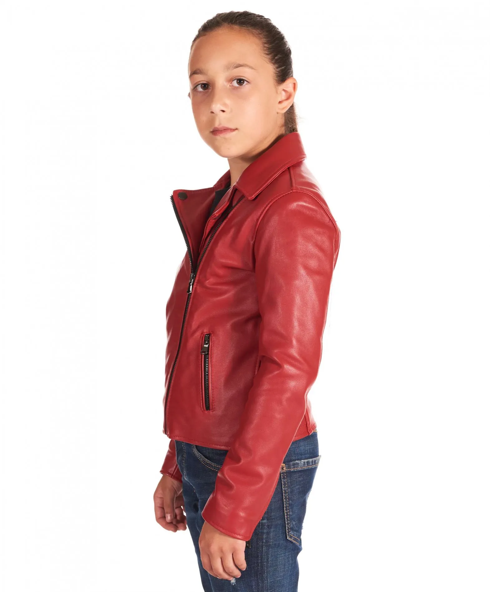 Red leather motorcycle jacket for kids in unisex soft lambskin leather