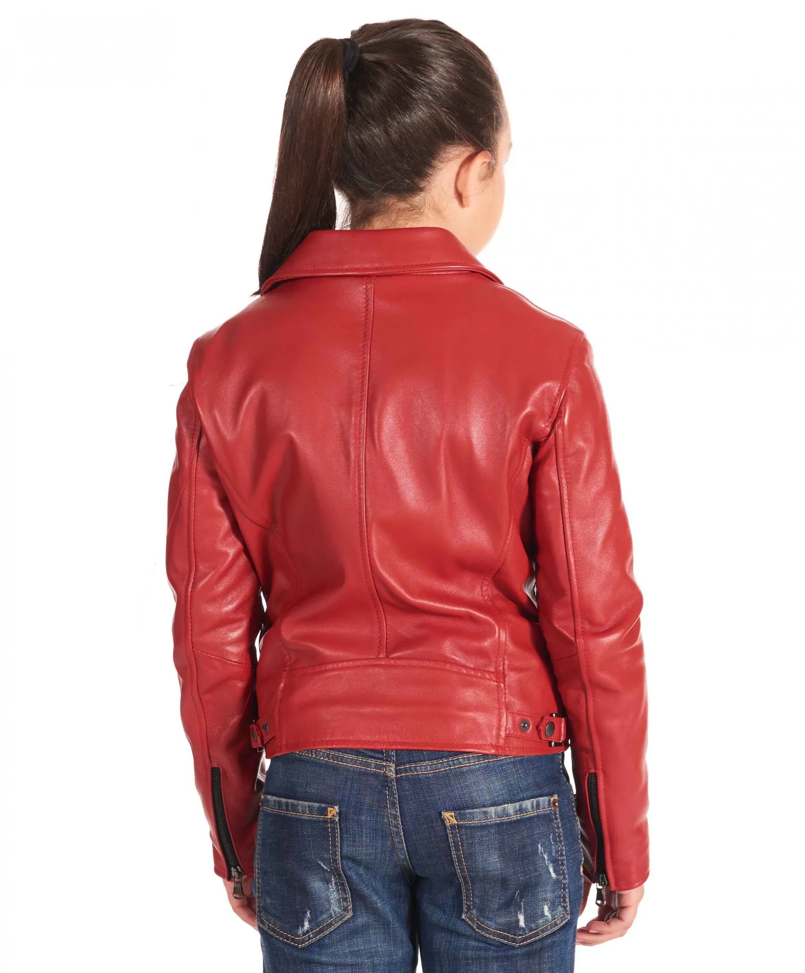 Red leather motorcycle jacket for kids in unisex soft lambskin leather