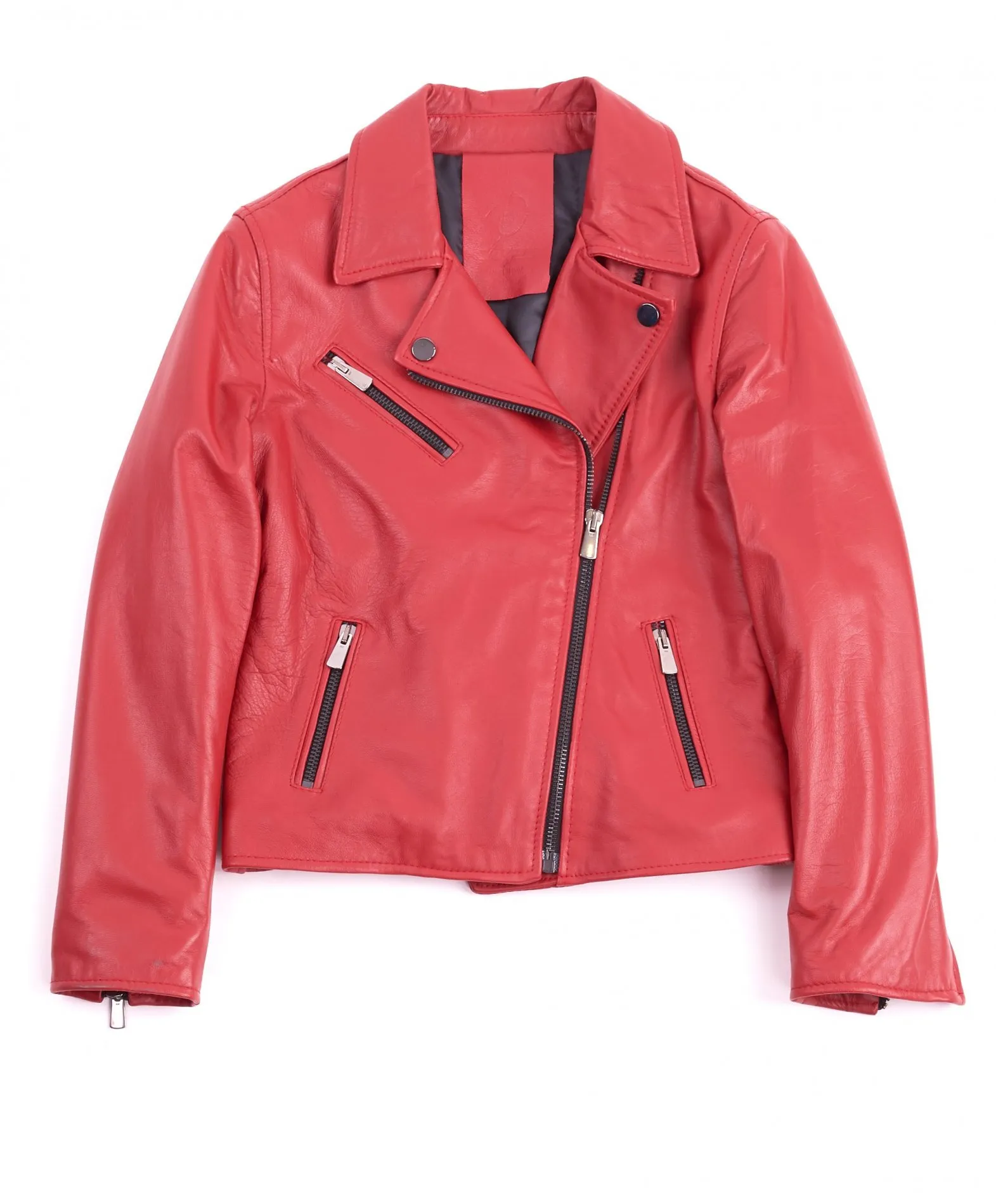 Red leather motorcycle jacket for kids in unisex soft lambskin leather