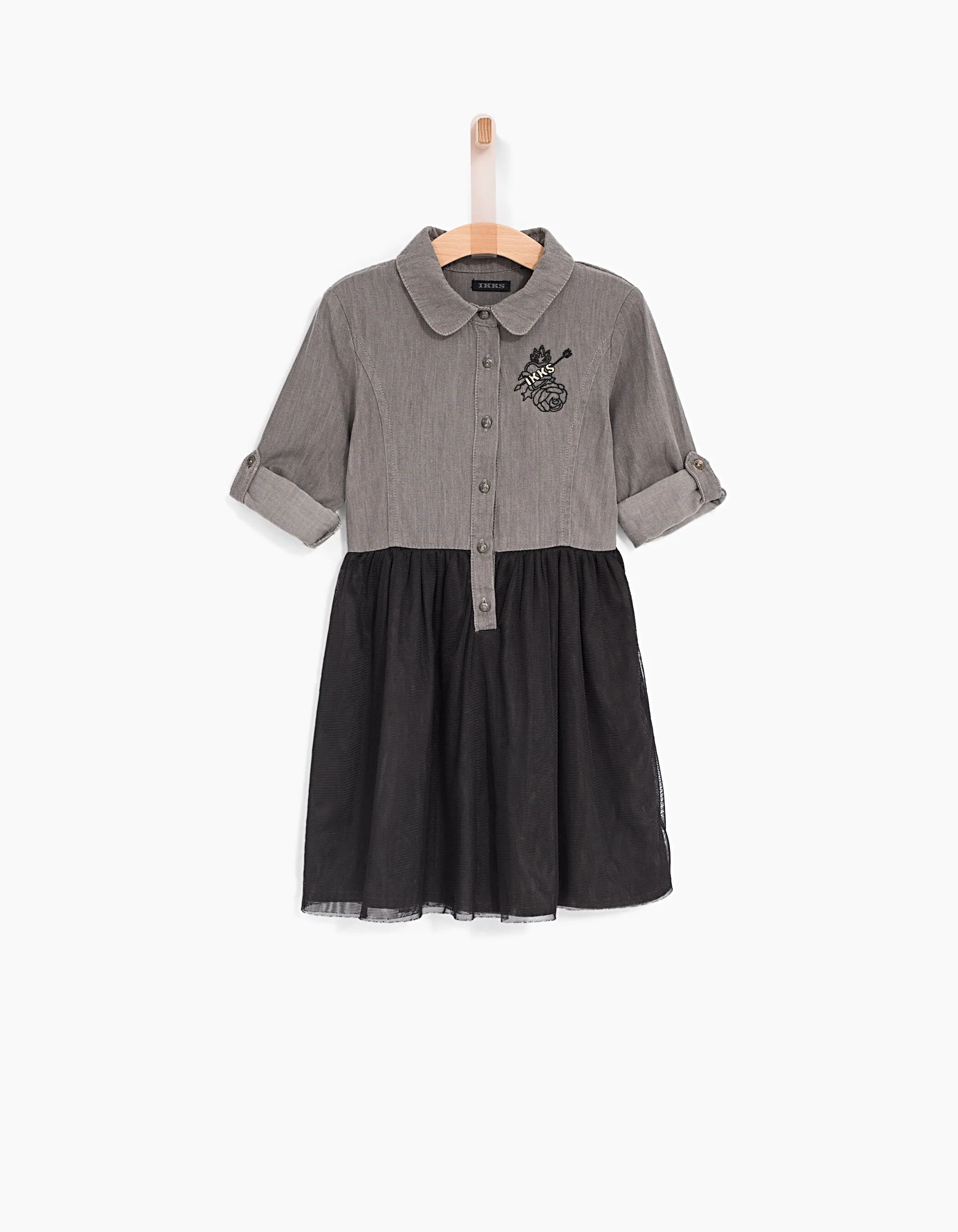 Grey denim and black tulle dress for girls