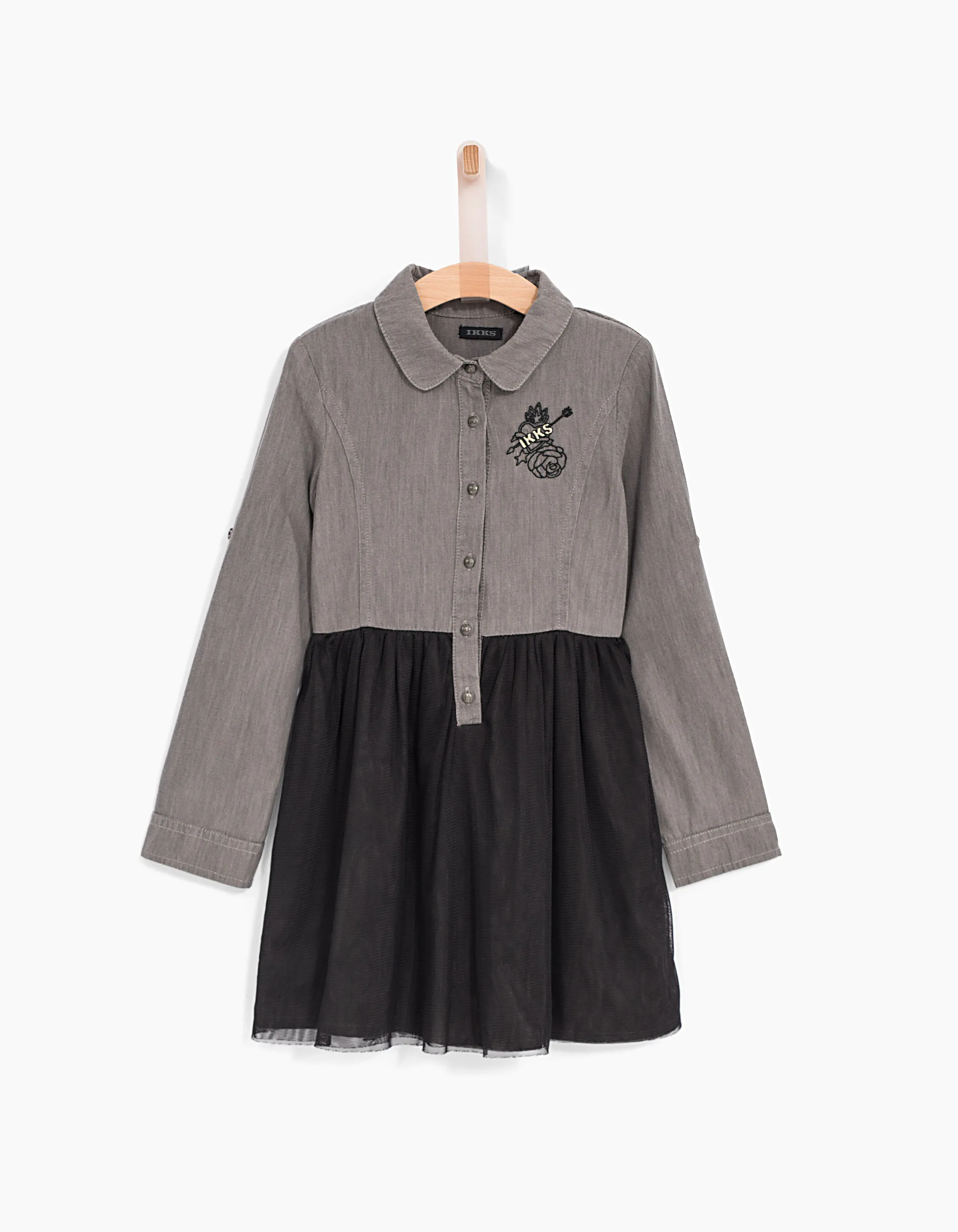 Grey denim and black tulle dress for girls