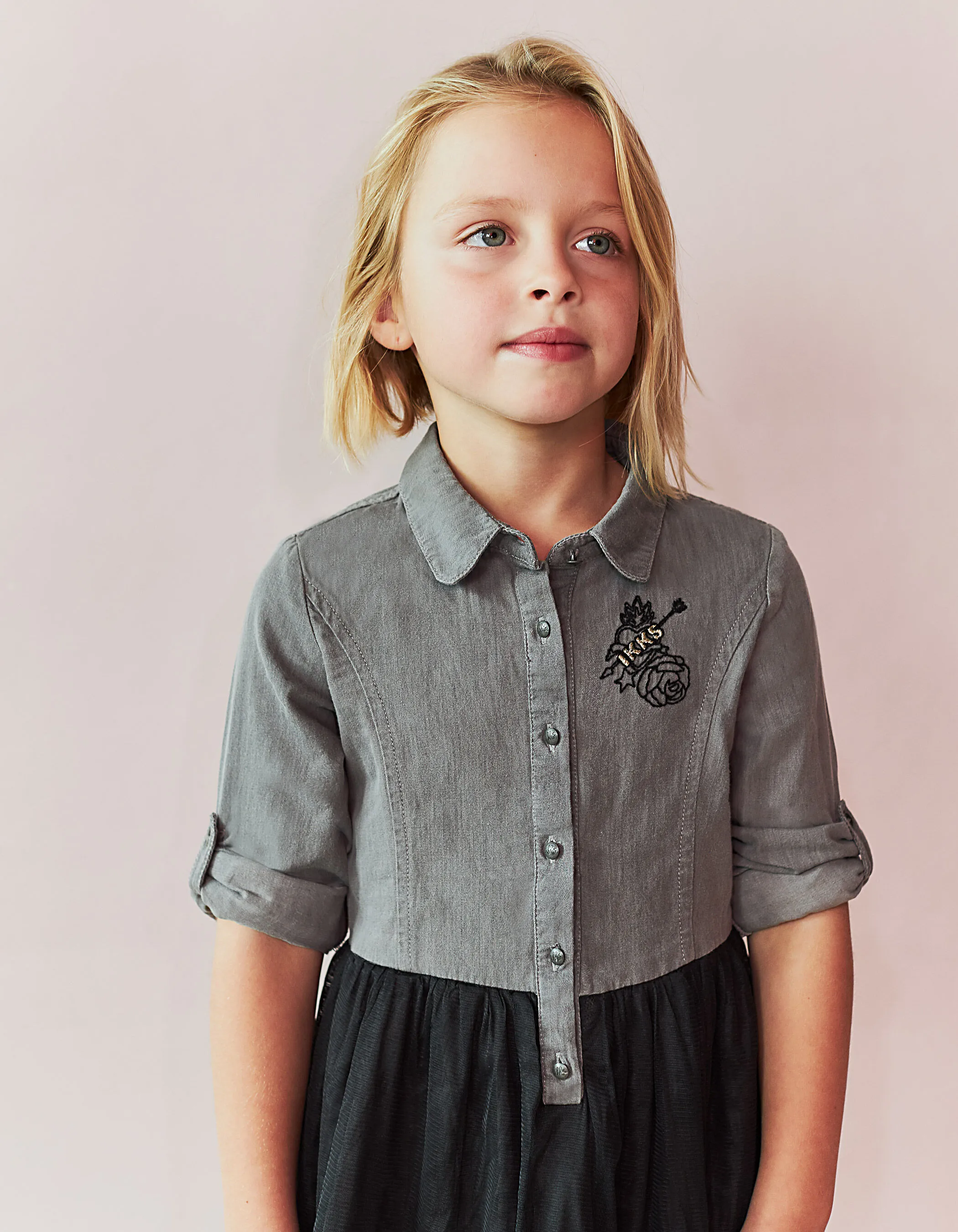 Grey denim and black tulle dress for girls