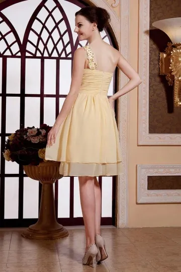 Short Yellow Asymmetrical Evening Dress with Rhinestone Embellishments.