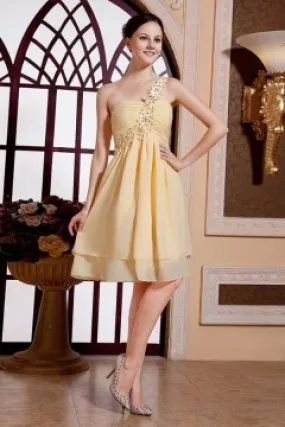 Short Yellow Asymmetrical Evening Dress with Rhinestone Embellishments.