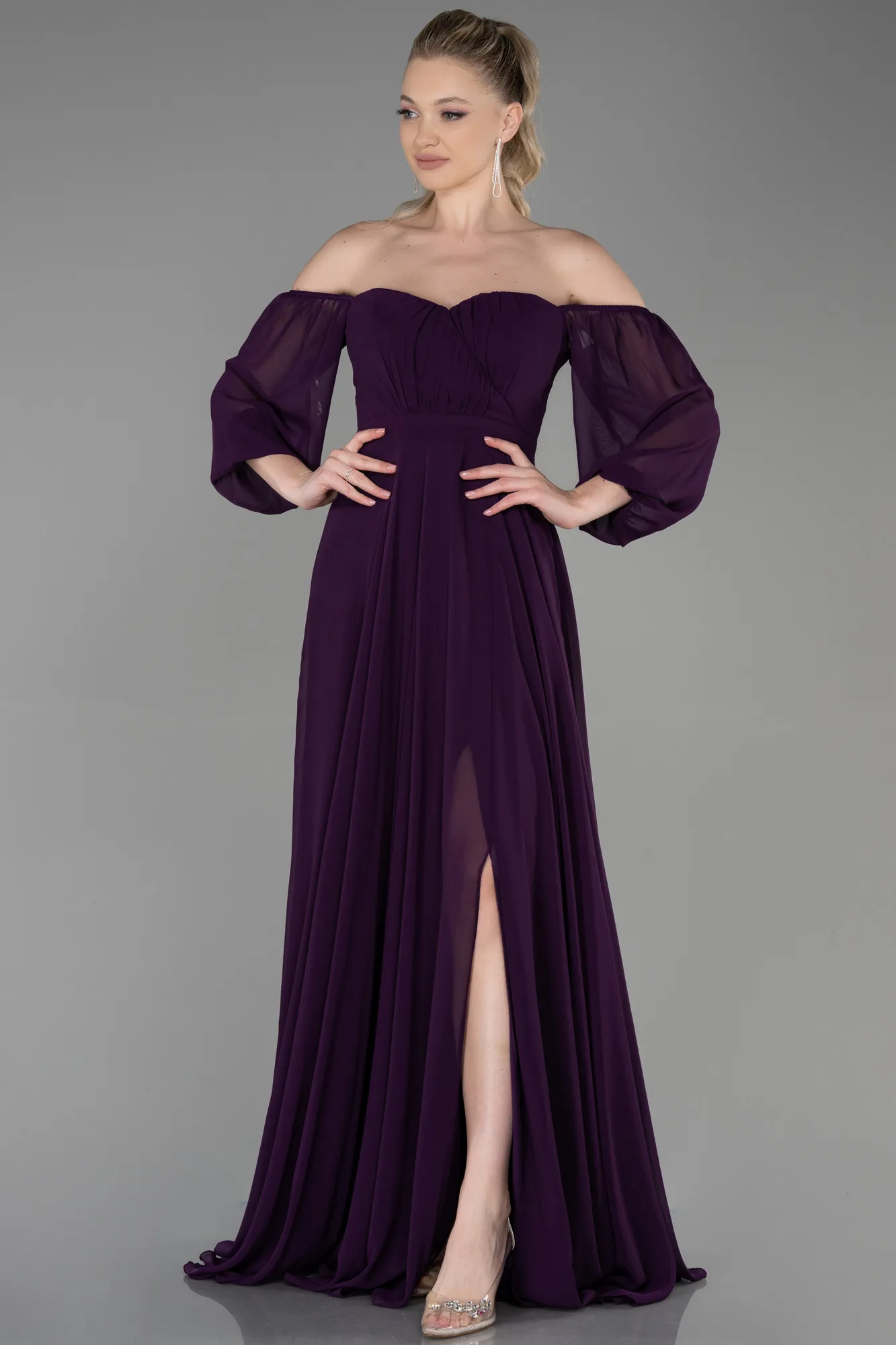 Robe de Soirée Longue Mousseline Bleu Marine ABU2457