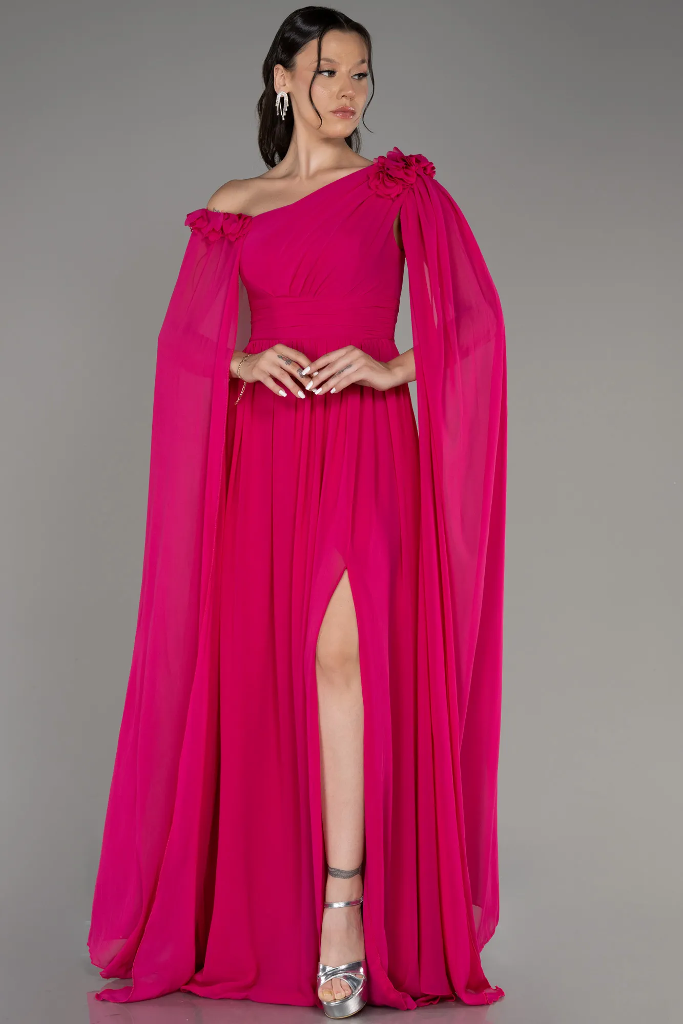 Robe de Soirée Longue Mousseline Fushia ABU4001