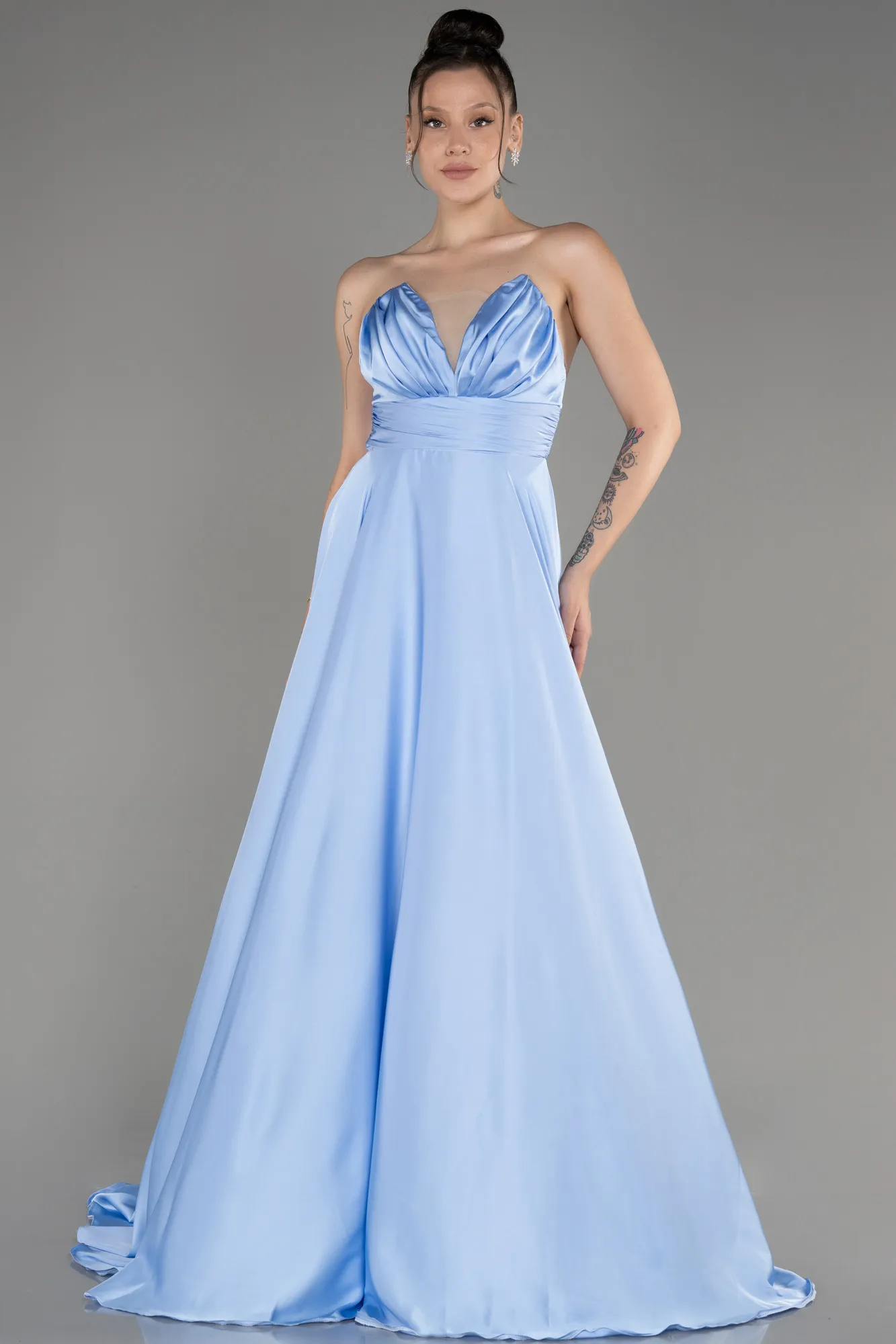 Robe de Soirée Longue Satin Bleu clair ABU3965