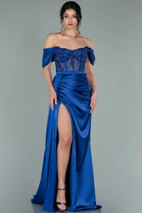 Long Elegant Satin Blue Saxe Evening Gown ABU3997