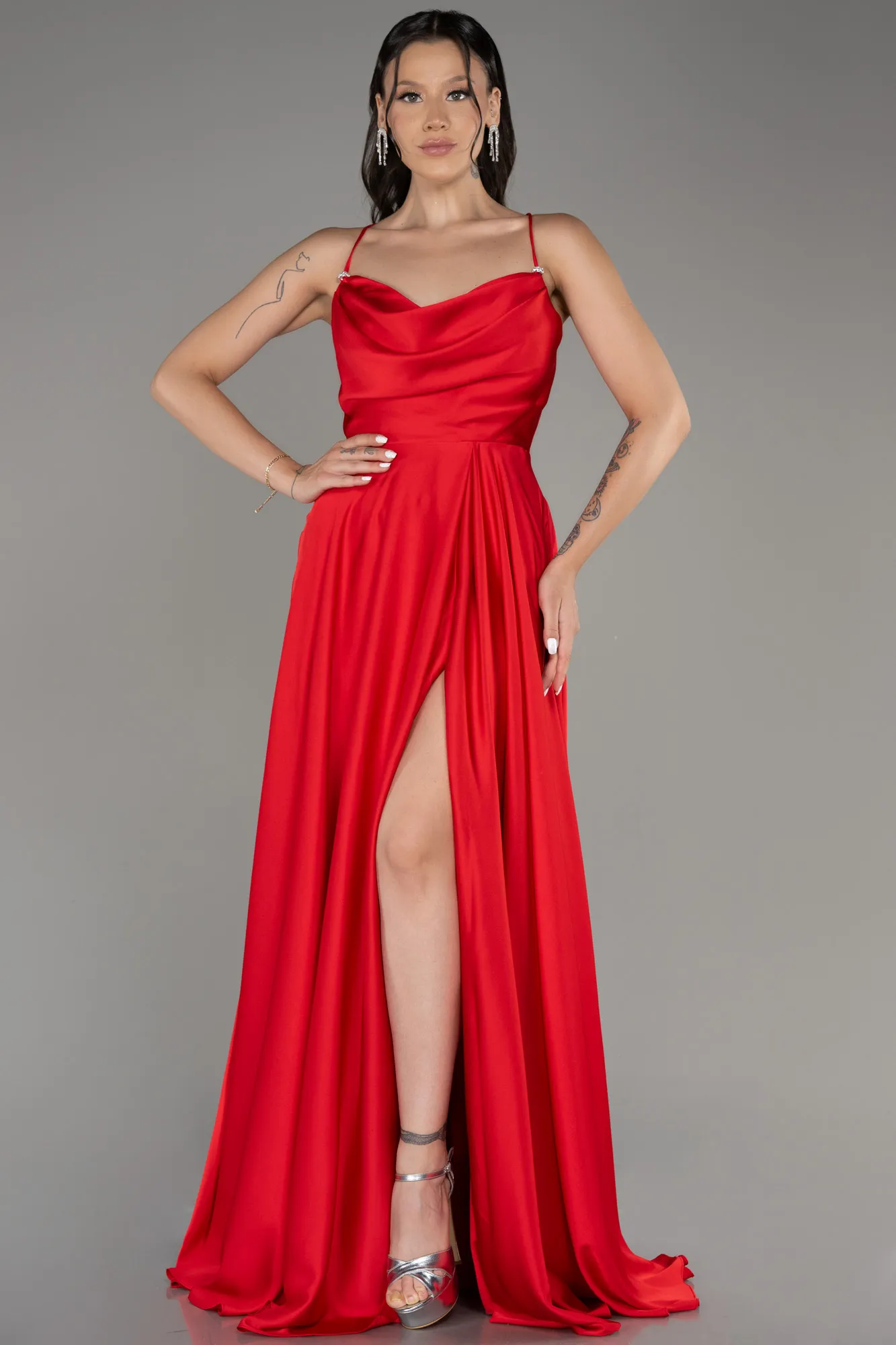 Robe de Soirée Longue Satin Rouge ABU4017