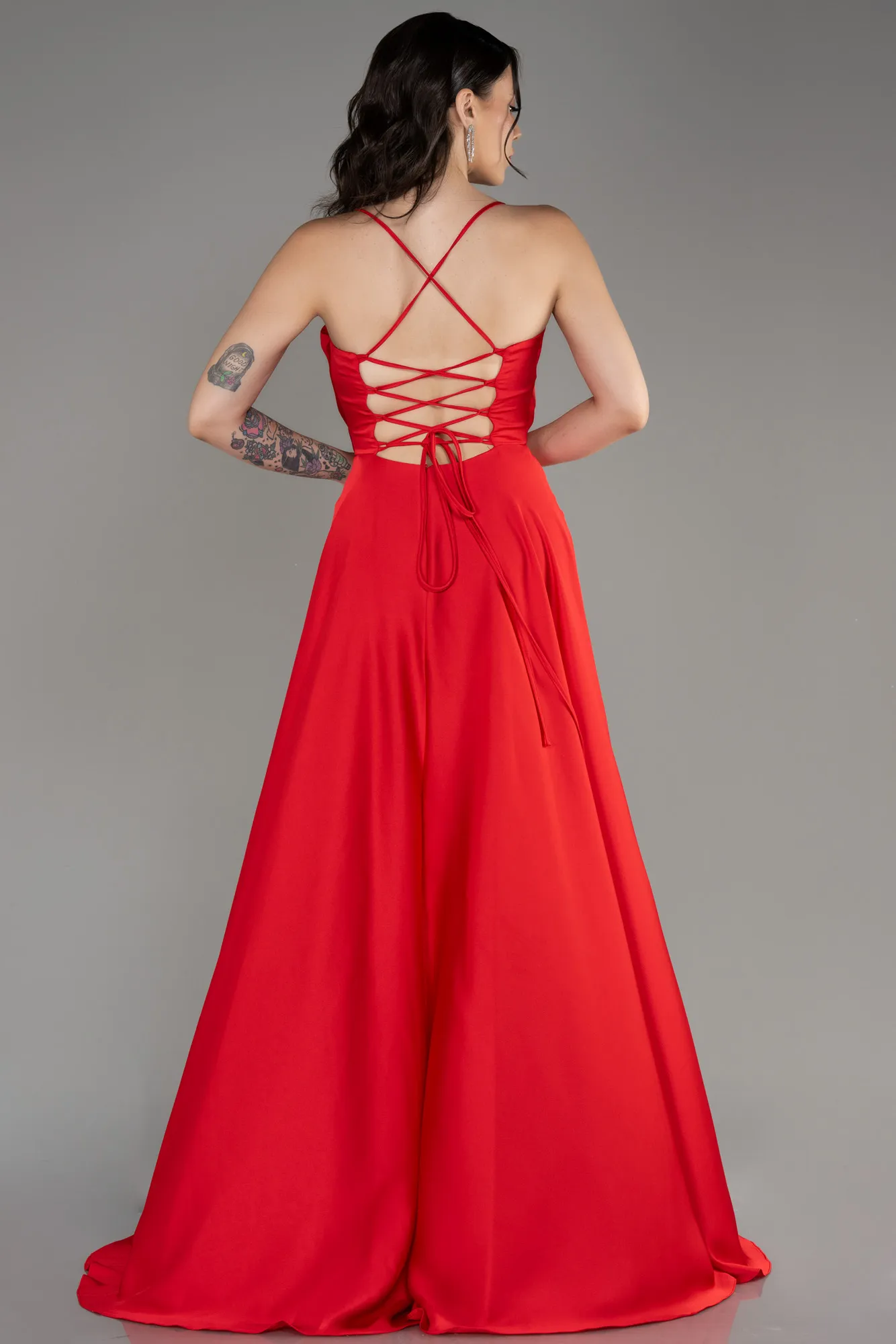 Robe de Soirée Longue Satin Rouge ABU4017