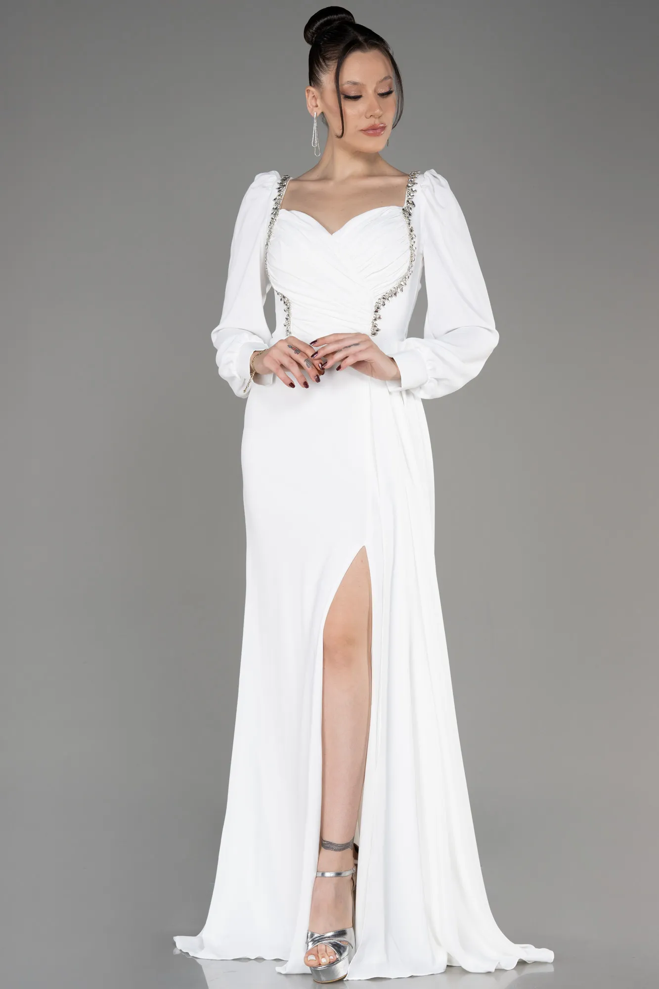 Robe De Soirée Mousseline Longue Blanc ABU3885