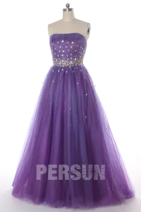 Strapless straight princess evening gown with rhinestones