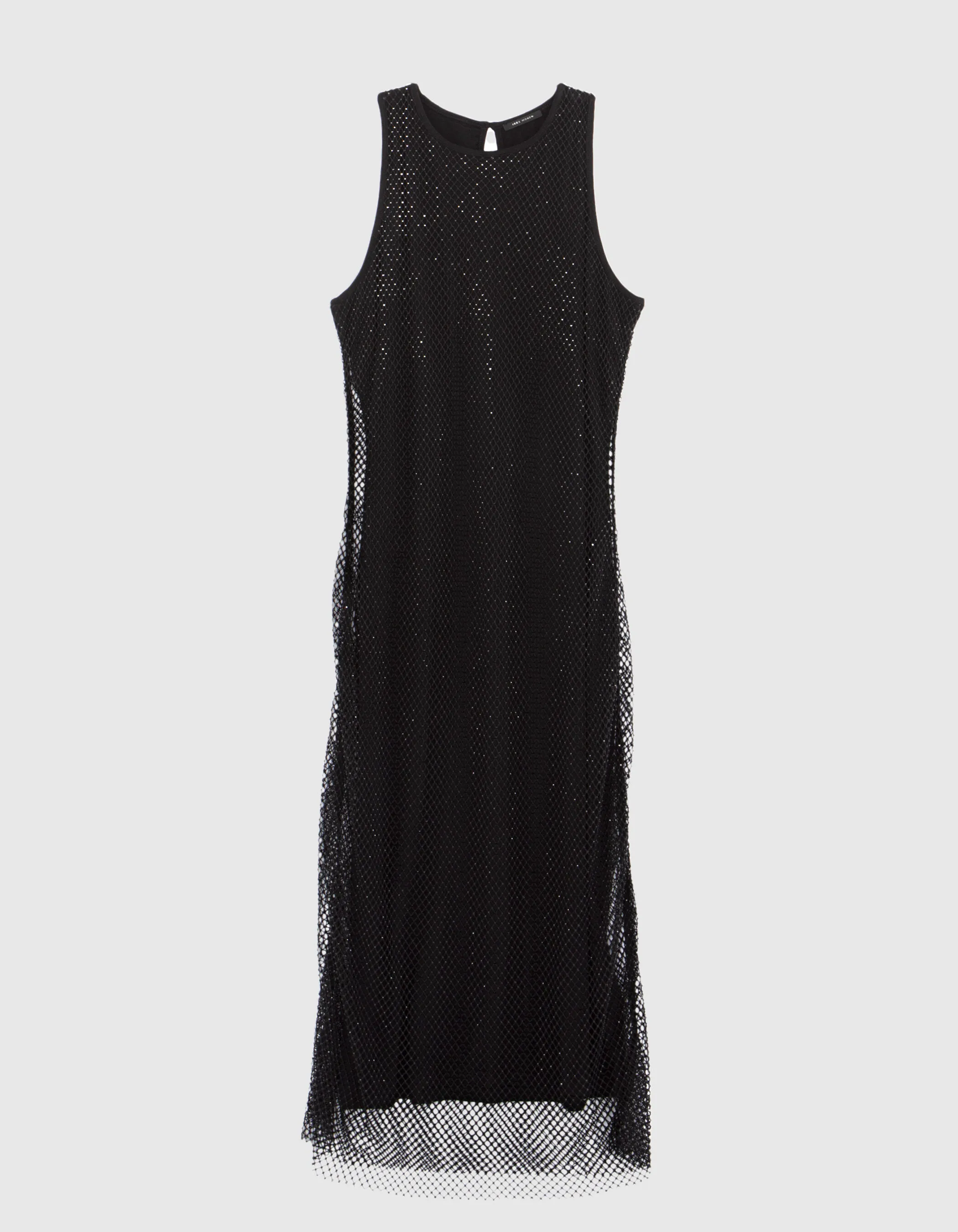 Black midi dress with mesh and rhinestone detail and sheer lining for women.