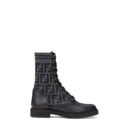 Rockoko - Black Leather Biker Style Shoes with Stretch Fabric | Fendi