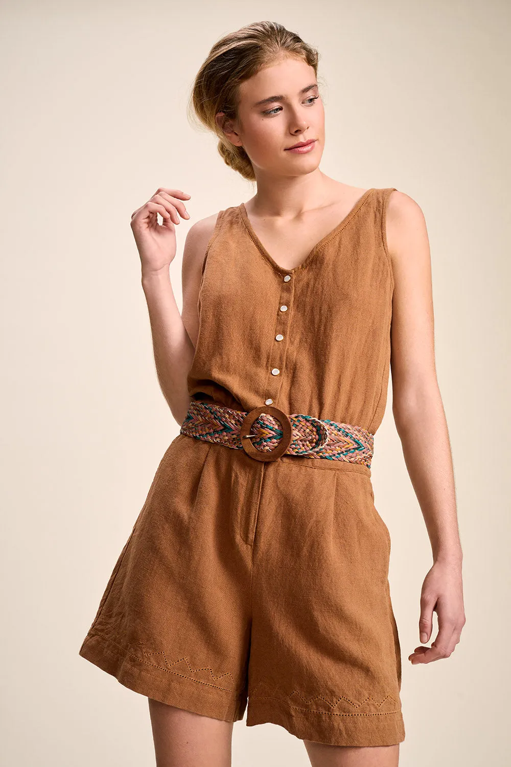 RUBI - Combi-short caramel en coton lin