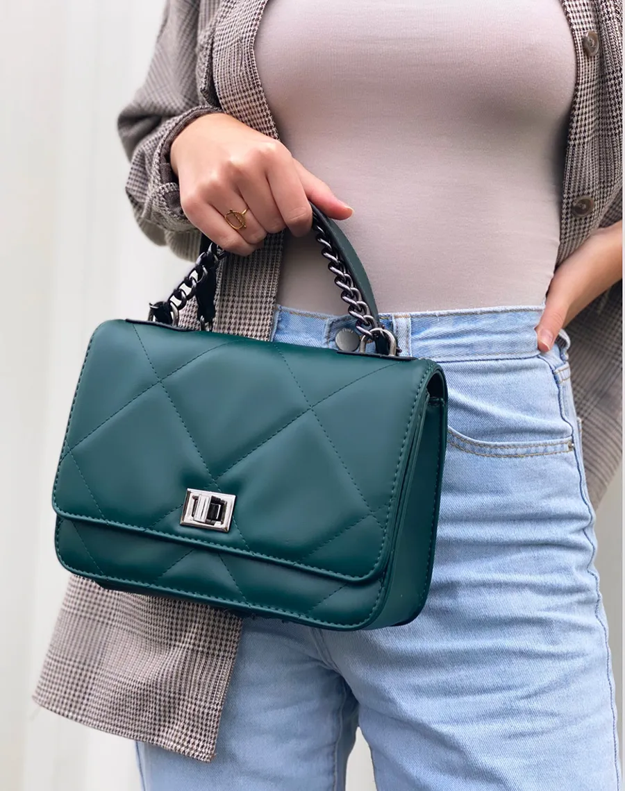 Green Dark Quilted Shoulder Bag with Silver Chain.