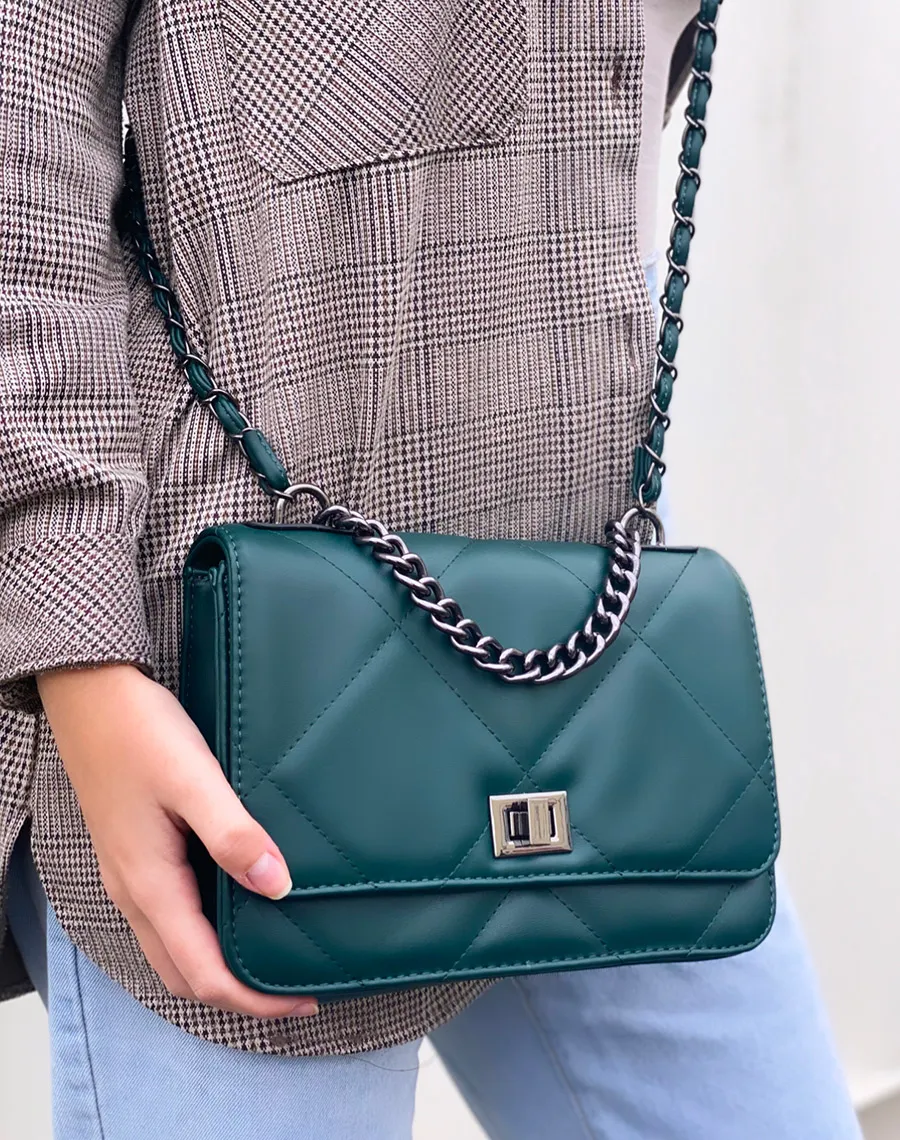 Green Dark Quilted Shoulder Bag with Silver Chain.