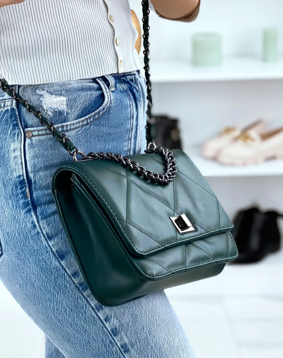 Green Dark Quilted Shoulder Bag with Silver Chain.